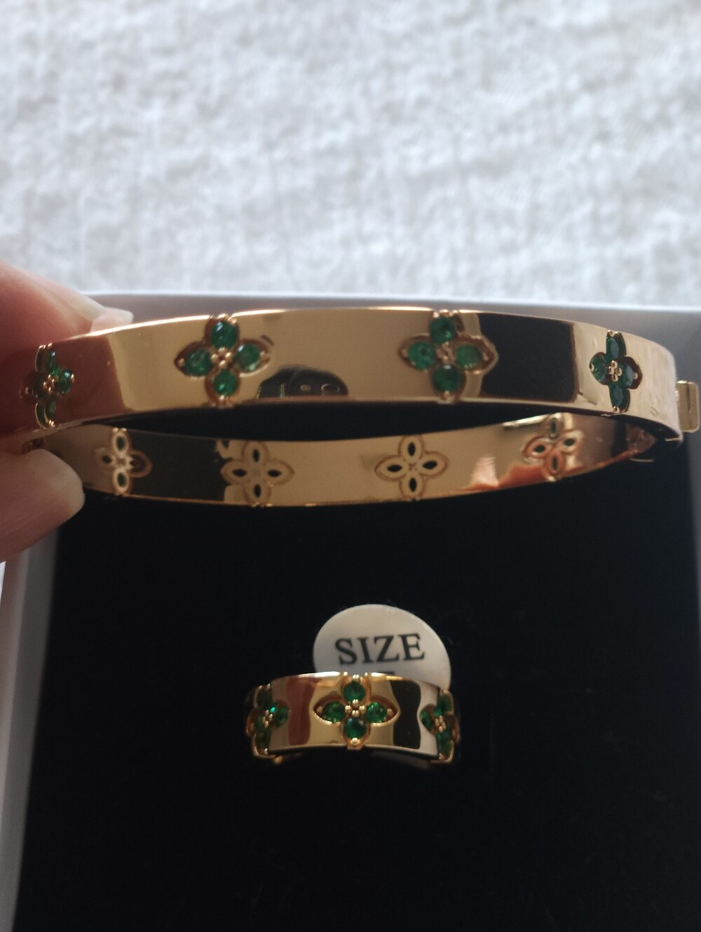 Gold Tone Bracelet and Ring Set with Green Stone Flower Accents